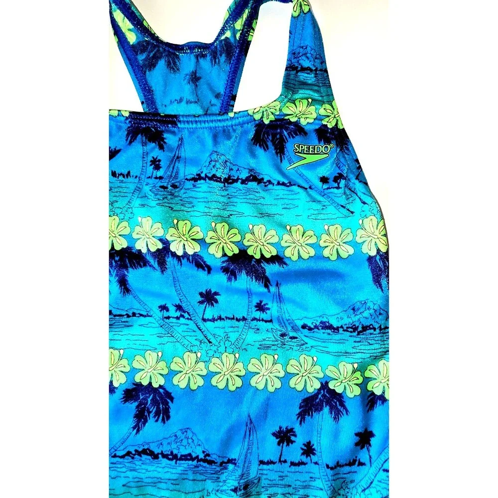 Speedo 1 Piece Swimsuit Girls 12 Floral Blue Green Racerback Athletic VTG Sporty